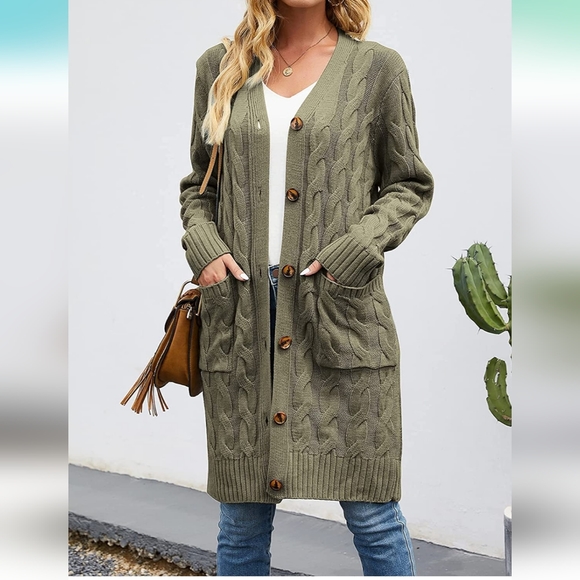 Merokeety Long Sleeve Cable Knit Long Cardigan Open front button Sweater - Picture 2 of 5